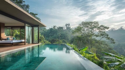 Minimalist villa with glass walls, infinity pool, and lush garden view