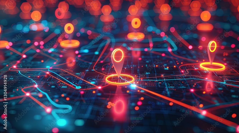 Wall mural illuminated circuit board graphic with highlighted location markers displayed prominently