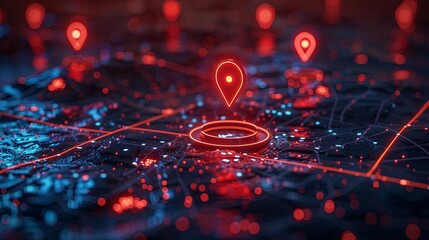Illuminated digital map displaying multiple location marker symbols