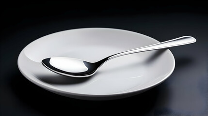 A sleek silver spoon placed elegantly on a pristine white plate, showcasing simplicity and modern design in culinary presentation.