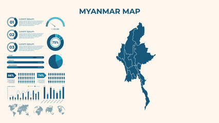 Obraz premium Infographic Map of Myanmar. Vector Map of a global map in the form of regions of Myanmar. Vector Illustration
