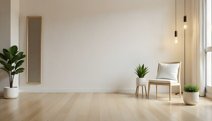 A plant in a white pot on a wooden stand next to a chair with a white cushion, in a room with a wooden floor