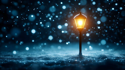 A solitary lantern illuminates the night as snow gently falls, creating a serene and enchanting winter atmosphere.