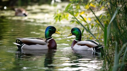Obraz premium Serene Encounter: Two Mallards on a Tranquil Stream