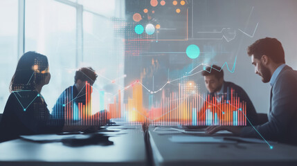 Professional business team working on a project together in the office Using innovation economic growth charts and network connections to accompany the data. in analyzing future trends