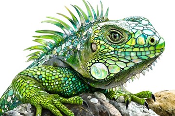 Fototapeta premium Iguana in the Tropical Forest amidst lush foliage, hiding in a tree branch, sharp eyes watching every movement. The humid tropical habitat is the perfect place for this reptile