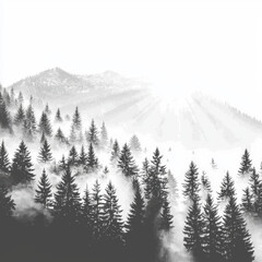 A monochrome background featuring a misty forest scene in black and white, with tall trees shrouded in fog creating a mysterious and atmospheric visual effect 08