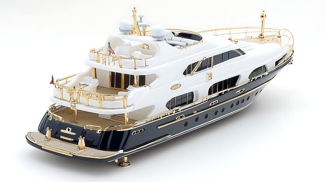Luxury Yacht Model Elegant White and Black Motor Yacht with Gold Accents
