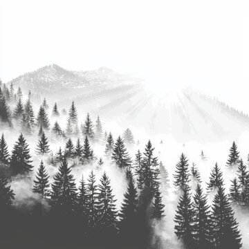 A monochrome background featuring a misty forest scene in black and white, with tall trees shrouded in fog creating a mysterious and atmospheric visual effect 08