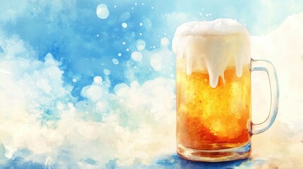 Refreshing Cold Beer in a Glass Mug on a Vibrant Blue and White Background with Bubbles and Splashes for a Cheerful Drinking Atmosphere