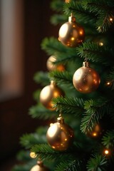 Ornamented Christmas tree with hanging gold balls, decoration, golden ornaments