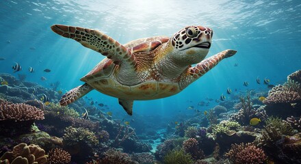 Obraz premium Sea Turtle Swimming Gracefully Underwater among Vibrant Coral Reefs and Fish