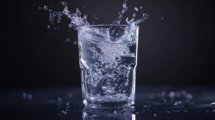 Crystal Clear Water Splashing in a Glass Against a Dark Background Creating Captivating Ripples and Bubbles in Refreshing Liquid