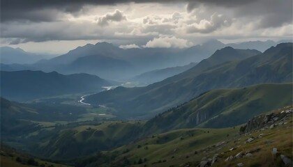 Obraz premium Mountain Valley Landscape View with Rolling Hills and Cloudy Skies