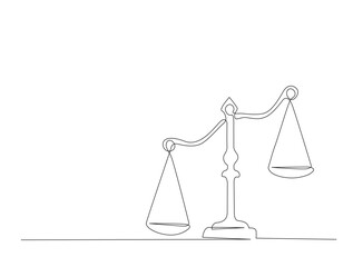 Continuous one line drawing of justice scale or law scales. Libra symbol in single line draw illustration. Editable stroke.