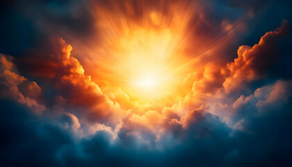 Fototapeta premium A stunning sunrise breaking through dramatic clouds, illuminating the sky with vibrant colors, creating a serene atmosphere.