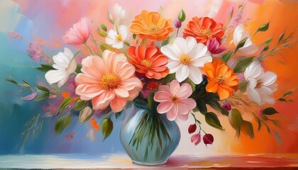 elegant oil painting of a floral bouquet in a vase with vibrant orange white and pink flowers against a colorful abstract background in soft pastel tones