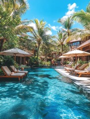 Serene tropical resort swimming pool oasis surrounded by lush palm trees and sun loungers under a bright blue sky creating a tranquil vacation atmosphere