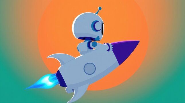 Robot Riding Rocket Flying Through Space with Retro Gradient Background
