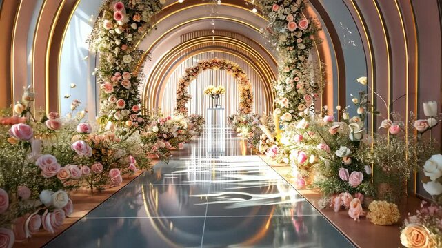 An elaborate floral arrangement lines a stunning archway, creating a perfect backdrop for a wedding ceremony