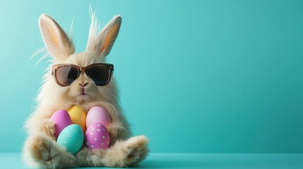 Fototapeta premium Cute Bunny with Sunglasses Holding Colorful Easter Eggs on a Bright Turquoise Background Perfect for Spring and Festive Celebrations