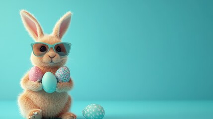 Fototapeta premium Cute bunny with sunglasses holding colorful Easter eggs on a bright turquoise background, celebrating spring and holiday festivities in a playful manner