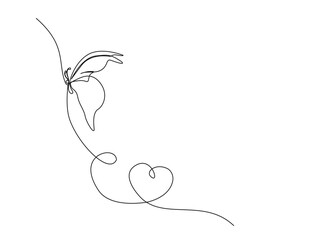 Continuous one line drawing of flying butterfly with love shape. Flying butterfly in single line draw illustration. Editable stroke.