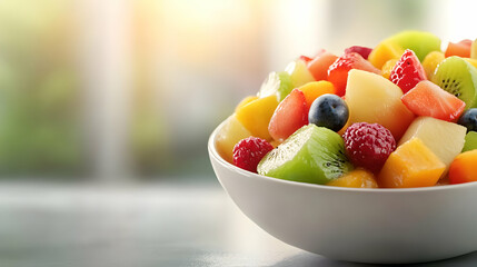 A vibrant bowl of fresh, assorted fruits including berries, kiwi, and melon, perfect for a healthy snack or dessert.