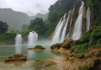 Fototapeta premium Majestic Waterfall Cascading into Serene Green Oasis Surrounded by Lush Vegetation and Misty Mountains in Tranquil Natural Landscape