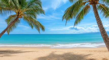 Serene Beach Scene with Palm Trees and Vibrant Blue Ocean Under a Clear Sky on a Bright Sunny Day Ideal for Tropical Travel Themes