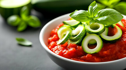 A vibrant bowl of fresh tomato sauce garnished with cucumber slices and basil, perfect for any culinary creation.
