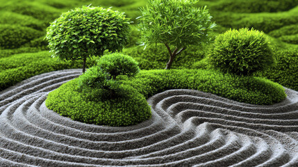 serene landscape featuring lush green trees and textured sand patterns, creating peaceful atmosphere