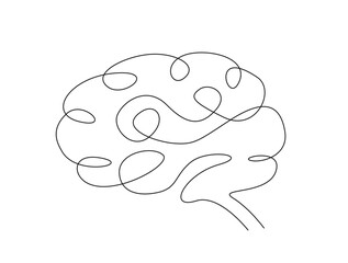 Continuous one line drawing of human brain organ. Brain for  psychology, idea and intelligence concept in single line draw illustration. Editable stroke.