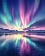 Captivating Aurora Borealis Reflection on Frozen Lake Under Starry Sky in Winter Landscape Scenery