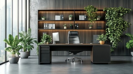 Modern office workspace with plants and city view. Possible use for Interior design inspiration