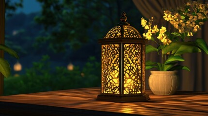 Fototapeta premium Intricate Lantern Illuminating a Serene Outdoor Setting with Beautiful Flowers and Soft Evening Light Creating a Relaxing Ambiance