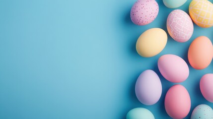 Obraz premium Colorful Easter eggs scattered on a vibrant blue background, perfect for spring celebrations, festive decorations, and holiday-themed projects