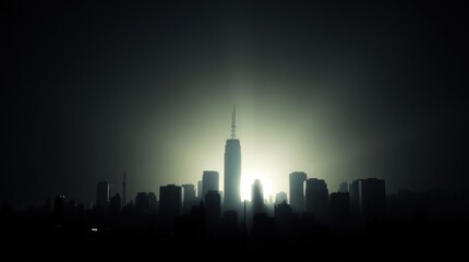 Obraz premium Dramatic Cityscape Silhouette with Towering Building and Glowing Light