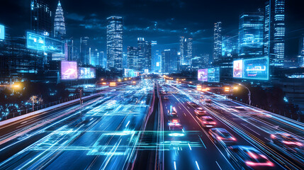 Fototapeta premium Futuristic Cityscape Night Traffic and Digital Overlay