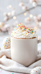 Cozy winter cup of hot chocolate with whipped cream and colorful sprinkles in a festive setting. Perfect for seasonal branding, warm beverage marketing, and holiday advertisements. Selective focus