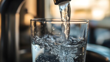 Fresh water being poured into a clear glass with reflections under bright lighting conditions © CHAIYAPHON