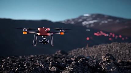 A red drone hovering above rocky terrain, capturing images of a distant volcanic landscape at dusk