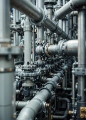 Pipes and valves of oil refinery. Industrial background. Selective focus. Complex Industrial Piping System
