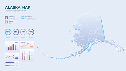 Infographic Map of Alaska. Total Area, Papulation, States & More Detailed Infographic Map of Alaska. Vector Illustration