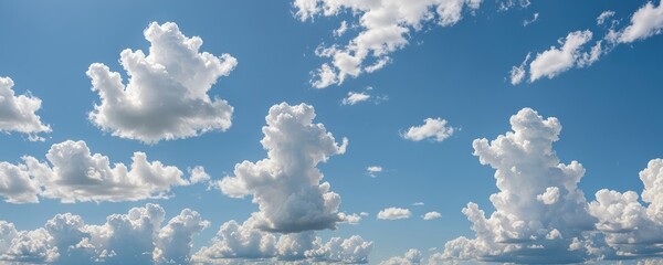 A serene sky filled with fluffy white clouds, ranging from small to large, is captured from a ground-level perspective, emphasizing the vastness of the sky and the tranquility of the scene