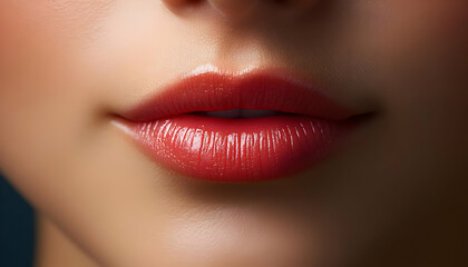 Obraz premium Close-up of beautiful lips with vibrant lipstick, showcasing elegance and beauty in a stunning portrait.