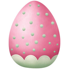 pink wooden egg with green polka dots and scalloped base design
