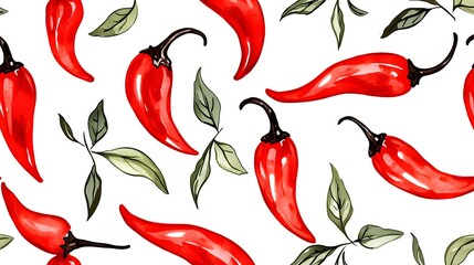 Seamless Pattern of Red Chili Peppers with Green Leaves in Watercolor Style on White Background