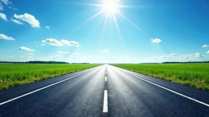 Fototapeta premium Asphalt road stretching to a bright horizon under a vivid summer sky, flanked by verdant fields