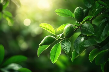 Vibrant green avocados on branch with lush leaves in sunlit garden evoking freshness and natural beauty